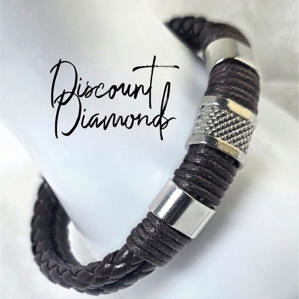 Brown Braded Leather Bracelet Silver Stainless Steel